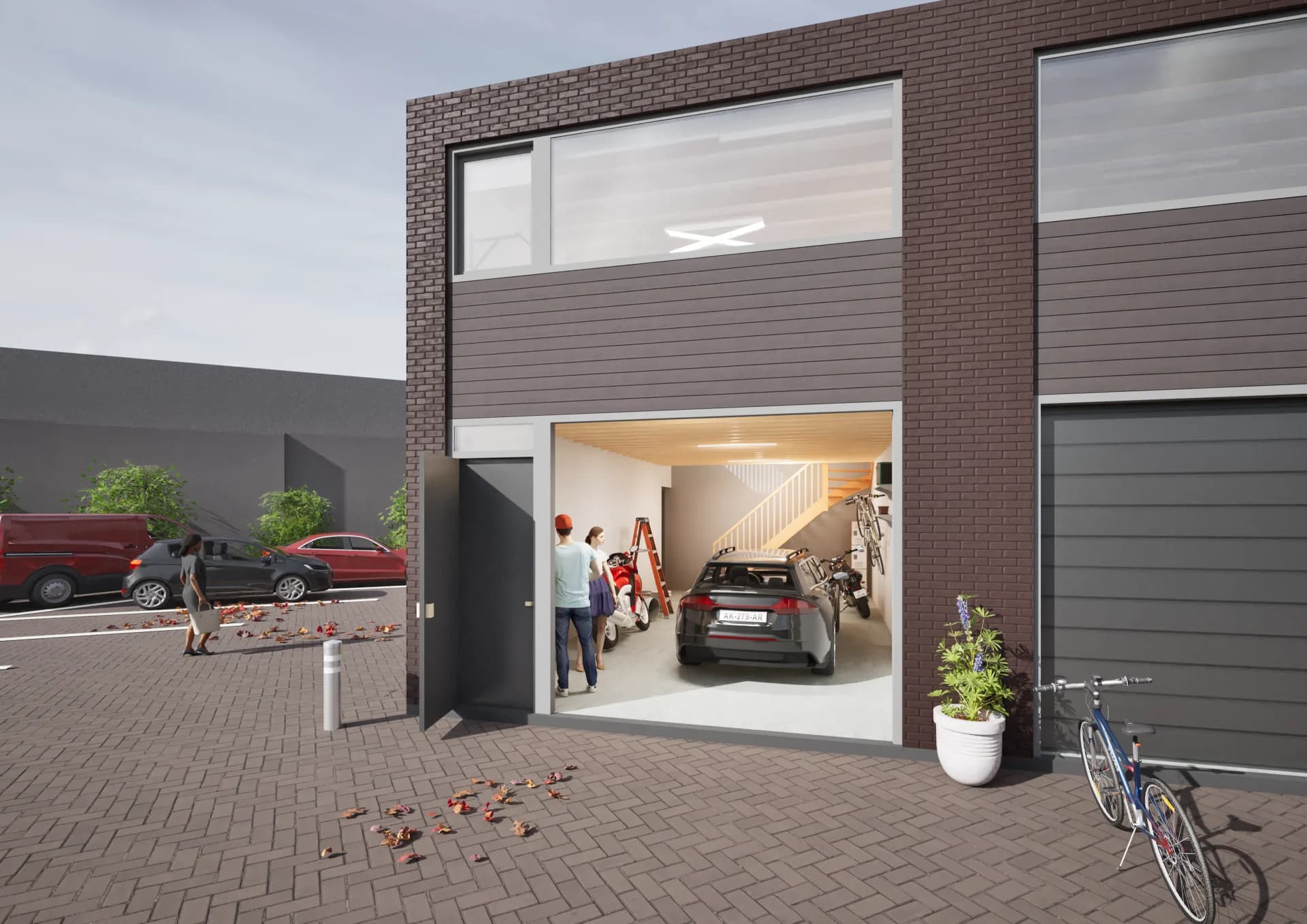 Superbox met geopende elektrische overheaddeur, te huur als afgesloten bedrijfsruimte van 100 m²